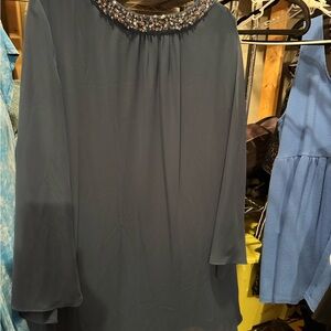 SLNY Navy Long Sleeve Dress with Embellished Collar